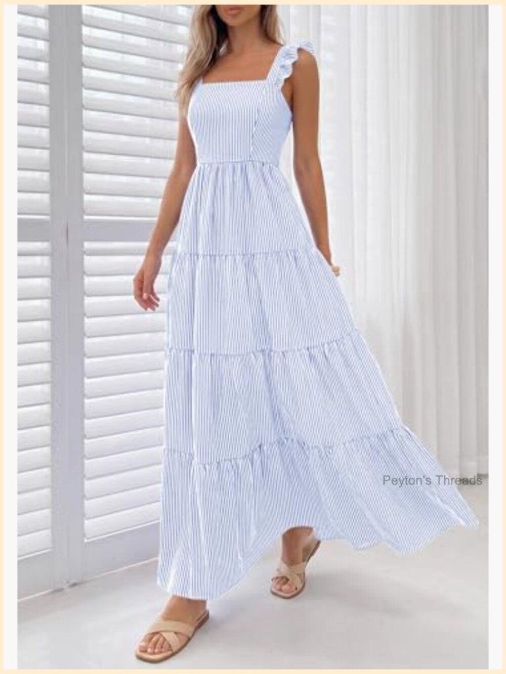Women's Striped Square Neck Sleeveless Maxi Dress with Pockets - Picture 3 of 7